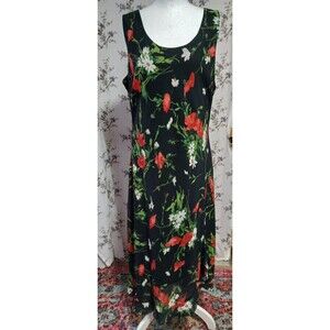 R&K Originals Long Black Sleeveless Dress w/Red & White Floral 16 NWT